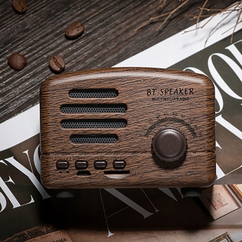 Głośnik Bluetooth Retro z Radiem FM, Ciemne Drewno, Wbudowany Mikrofon
