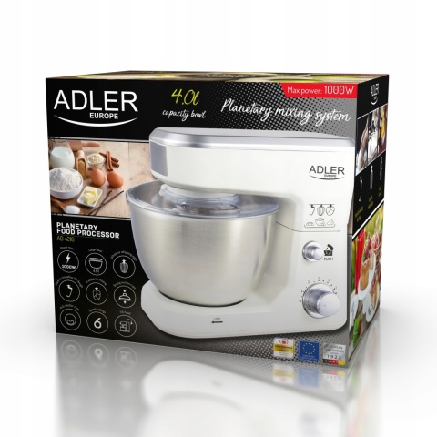 Robot planetarny Adler 4216, 1000W, 6 prędkości, 4L misa, 3 mieszadła