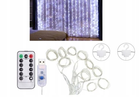 Kurtyna Led 2X2m 200 Diod Zimny Biały Usb + Pilot, 8 Trybów, Ip44, Timer