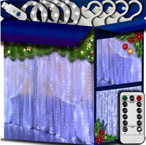 Kurtyna Led 2X2m 200 Diod Zimny Biały Usb + Pilot, 8 Trybów, Ip44, Timer