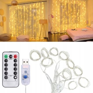 Kurtyna Świetlna 300 Led 3X3m Usb 5V 8 Trybów Pilot Dekoracyjna Ciepła Biel
