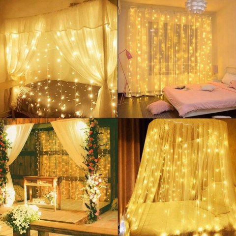 Kurtyna Świetlna 300 Led 3X3m Usb 5V 8 Trybów Pilot Dekoracyjna Ciepła Biel