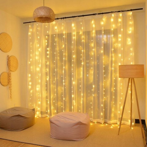 Kurtyna Świetlna 300 Led 3X3m Usb 5V 8 Trybów Pilot Dekoracyjna Ciepła Biel