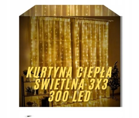 Kurtyna Świetlna 300 Led 3X3m Usb 5V 8 Trybów Pilot Dekoracyjna Ciepła Biel