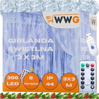 Kurtyna Świetlna Led 300 Lampek 3X3m Z Pilotem I Usb - 8 Trybów, Zimna Biel