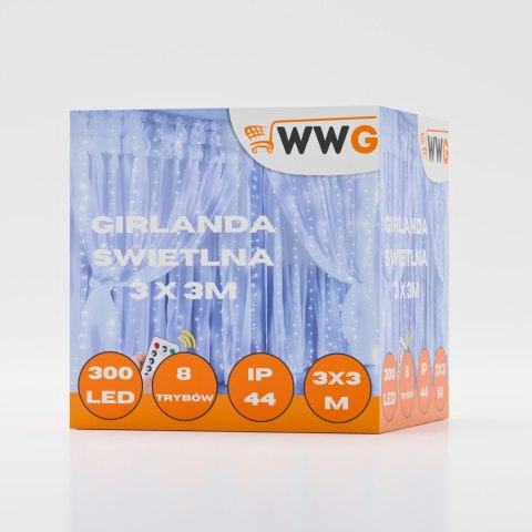 Kurtyna Świetlna Led 300 Lampek 3X3m Z Pilotem I Usb - 8 Trybów, Zimna Biel