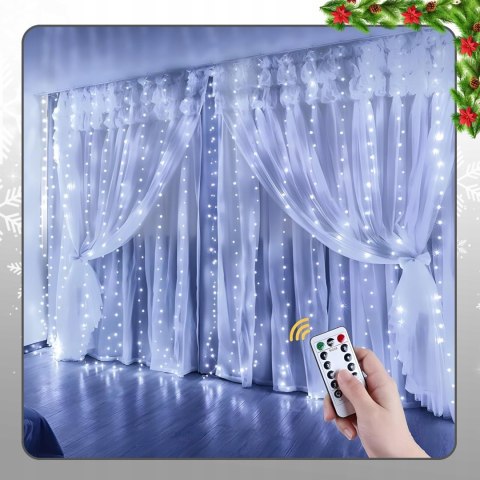 Kurtyna Świetlna Led 300 Lampek 3X3m Z Pilotem I Usb - 8 Trybów, Zimna Biel