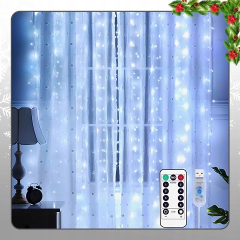 Kurtyna Świetlna Led 300 Lampek 3X3m Z Pilotem I Usb - 8 Trybów, Zimna Biel