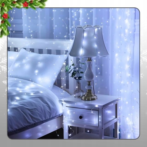 Kurtyna Świetlna Led 300 Lampek 3X3m Z Pilotem I Usb - 8 Trybów, Zimna Biel