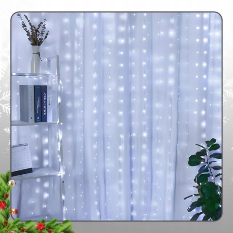 Kurtyna Świetlna Led 300 Lampek 3X3m Z Pilotem I Usb - 8 Trybów, Zimna Biel