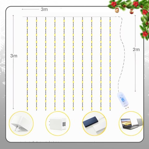 Kurtyna Świetlna Led 300 Lampek 3X3m Z Pilotem I Usb - 8 Trybów, Zimna Biel