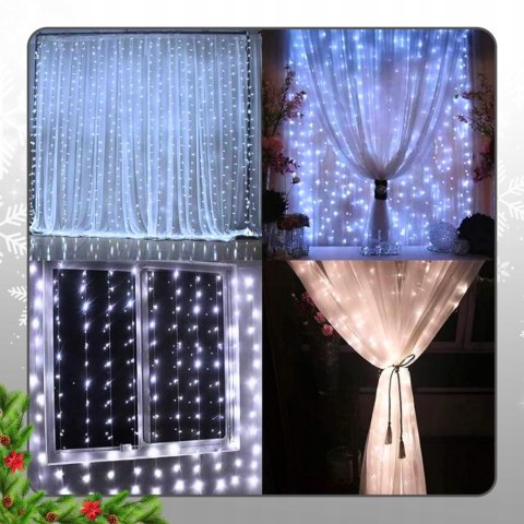 Kurtyna Świetlna Led 300 Lampek 3X3m Z Pilotem I Usb - 8 Trybów, Zimna Biel