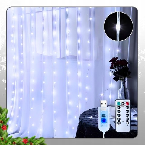 Kurtyna Świetlna Led 300 Lampek 3X3m Z Pilotem I Usb - 8 Trybów, Zimna Biel