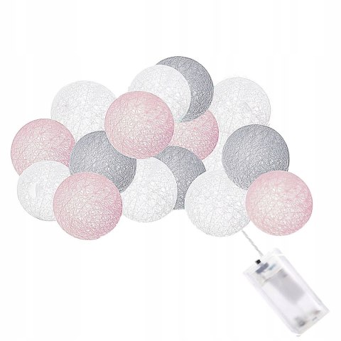 Girlanda Cotton Balls 10 Led 2,1M Różo-Biało-Szare Dekoracyjne Oświetlenie
