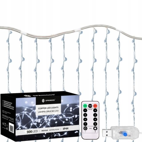 Kurtyna Led 3X3m 300 Led Usb Z Pilotem 8 Trybów - Zimny Biały Springos