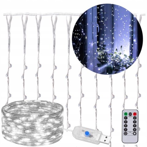 Kurtyna Led 3X3m 300 Led Usb Z Pilotem 8 Trybów - Zimny Biały Springos
