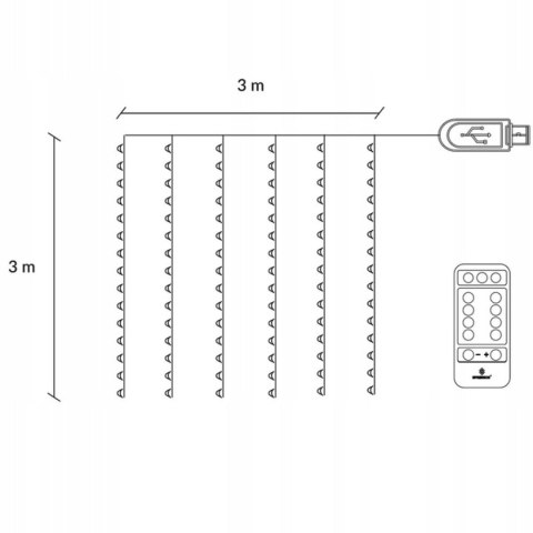 Kurtyna Led 3X3m 300 Led Usb Z Pilotem 8 Trybów - Zimny Biały Springos