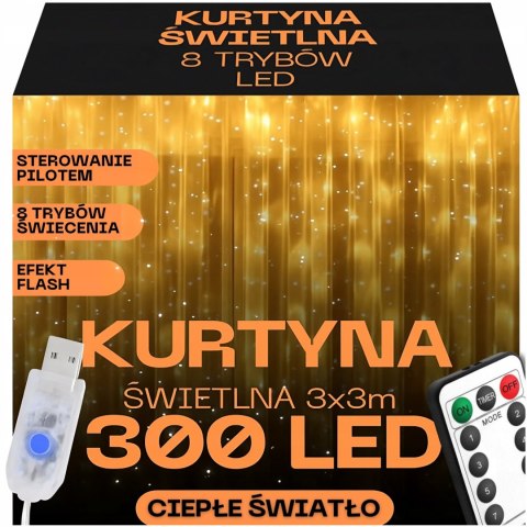 Kurtyna Świetlna Led 300 Diod 3X3 M Na Okno, Pilot 8 Trybów, Zasilanie Usb