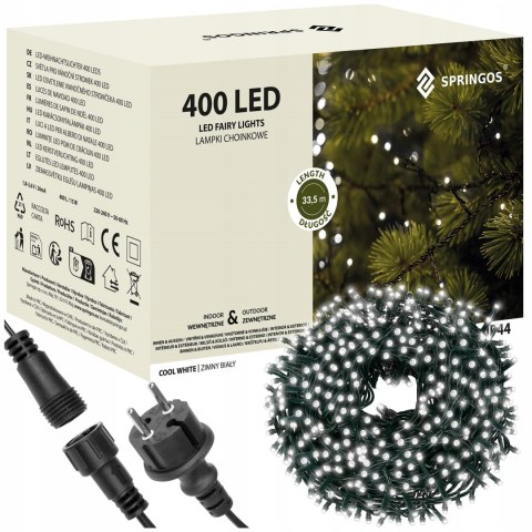 Lampki Choinkowe 400 Led Zimny Biały 33,5M Ip44 Ce - Łączenie Do 3 Zestawów