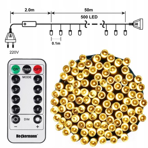 Lampki Choinkowe 500 Led 50M Ip44 Pilot 8 Trybów, Timery, Ciepły Biały
