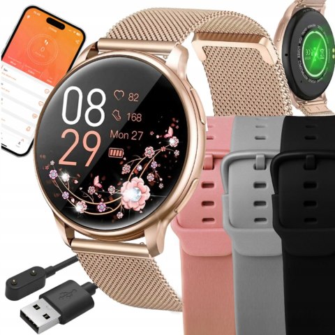 Smartwatch Damski 1,39 Cal Ip68, 4 Paski, Polskie Menu, Powiadomienia