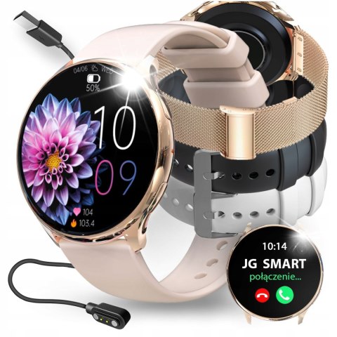 Damski Smartwatch Różowe Złoto 4 Wymienne Paski, Polskie Menu Monitor Cykli