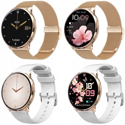 Damski Smartwatch Różowe Złoto 4 Wymienne Paski, Polskie Menu Monitor Cykli