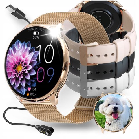 Damski Smartwatch Różowe Złoto 4 Wymienne Paski, Polskie Menu Monitor Cykli