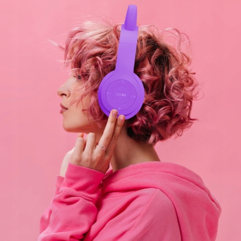 Fioletowe słuchawki Bluetooth LED RGB z kocimi uszami i mikrofonem P47M