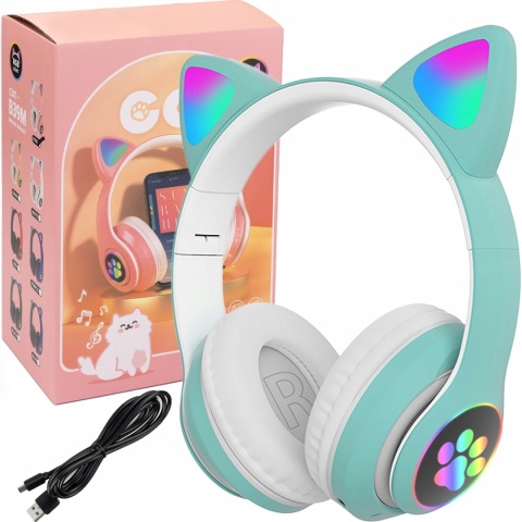 Słuchawki Bezprzewodowe z Kocimi Uszami B39 Bluetooth, FM, LED, Zielone