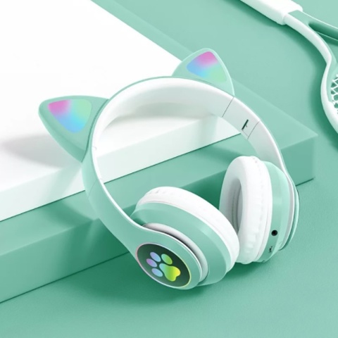 Słuchawki Bezprzewodowe z Kocimi Uszami B39 Bluetooth, FM, LED, Zielone