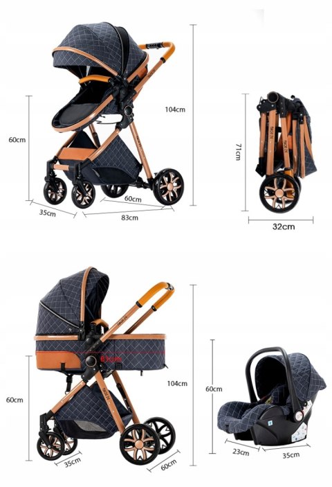 Wózek Dziecięcy 3W1 Premium - 5-Pkt Pasy, Aluminiowa Rama, Top Kompaktowy