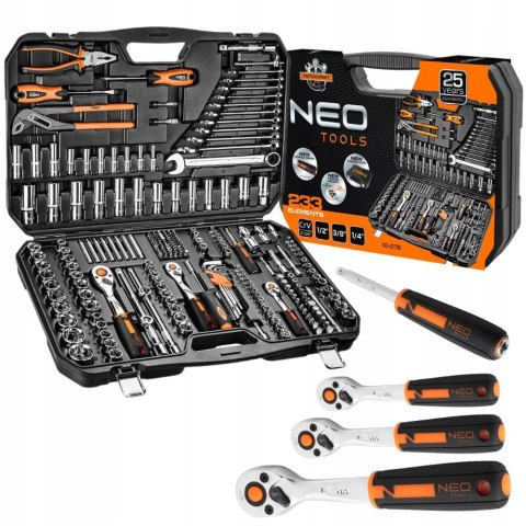 Neo Tools Zestaw Kluczy Nasadowych 233 Szt. 1/2, 3/8, 1/4 Crv Walizka