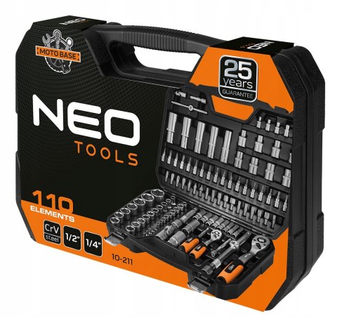 Zestaw Kluczy I Nasadek 110 El. 1/2 & 1/4 Neo Tools 10-211 - Do Serwisu