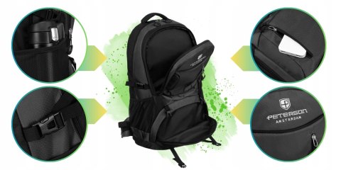 Plecak Podróżny Peterson 48L Ergonomiczny Turystyczny Sportowy Czarno-Szary