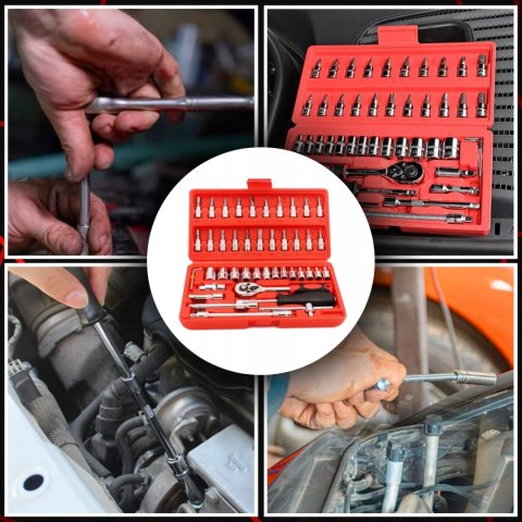Zestaw Kluczy Nasadowych 46 El - Stal Węglowa, Torx, Hex, Krzyż, Walizka