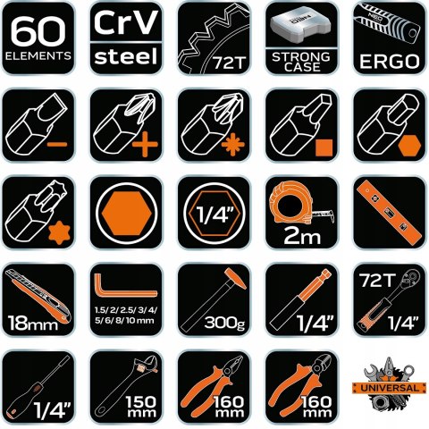 Zestaw Narzędzi 60 El. Crv Neo Tools - Grzechotka, Klucze, Nasadki, Młotek