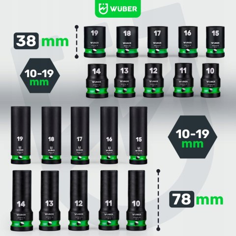Zestaw Nasadek Udarowych 20 Szt. 10-19Mm 1/2'' Cr-V Krótkie & Długie Wuber
