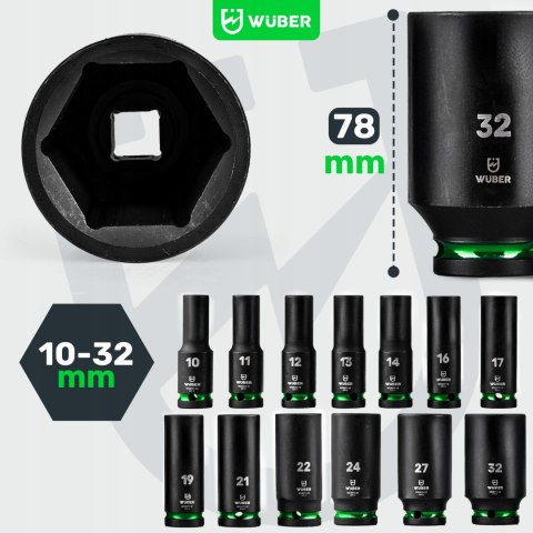 Zestaw Nasadek Udarowych Cr-V 13 Szt. 1/2 6-Kątne 10-32Mm Długie Z Walizką