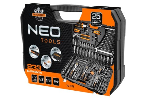Zestaw Neo Tools 233 Elementów Kluczy Nasadowych 1/2, 3/8, 1/4 - Walizka