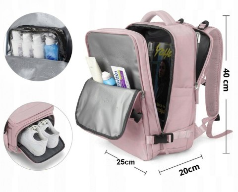 Plecak Podróżny 40X25x20 Wodoodporny Usb, Ryanair, Różowy, Turystyczny