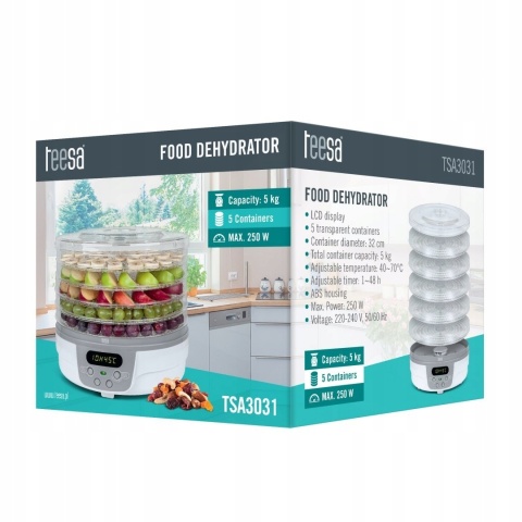 Suszarka Teesa Tsa3031: Zdrowe Suszenie Owoców, Grzybów I Ziół, 250W 5Kg
