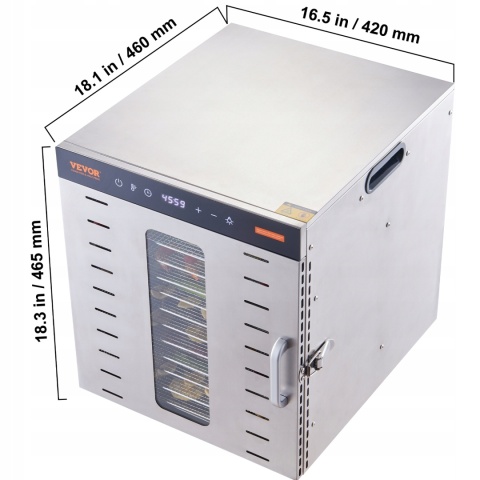 Suszarka Vevor Ss10x 1000W 10 Sit, Stal Nierdzewna, Led, 30-90°C, 48H Timer