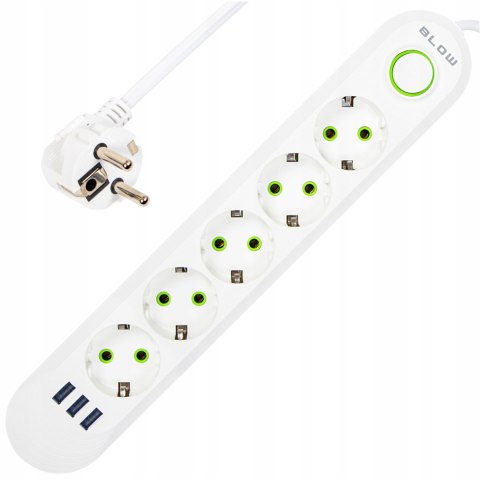 Biały Przedłużacz Blow 5 Gniazd 3X Usb 5M Z Włącznikiem Certyfikat Ce Rohs