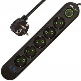 Przedłużacz Blow 3M 5 Gniazd 3 Usb Czarny 10A 2500W Z Włącznikiem Ce Rohs