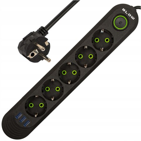 Przedłużacz Blow 3M 5 Gniazd 3 Usb Czarny 10A 2500W Z Włącznikiem Ce Rohs