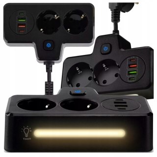 Alogy Rozgałęźnik 2X Eu, 2X Usb-A, 2X Usb-C, Led Lampka, Czarny, 230V