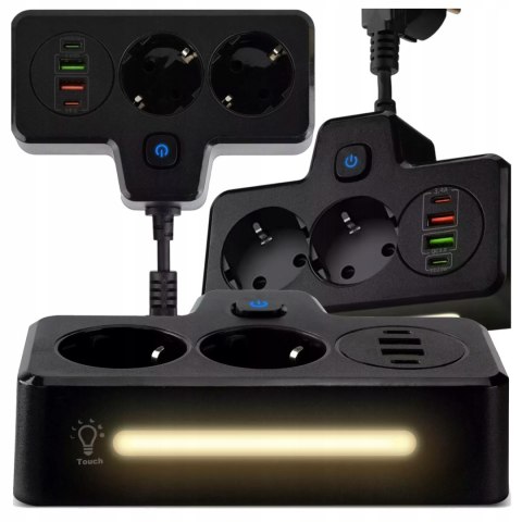 Alogy Rozgałęźnik 2X Eu, 2X Usb-A, 2X Usb-C, Led Lampka, Czarny, 230V