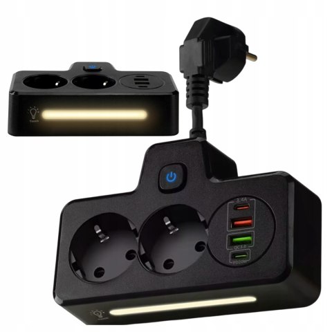 Alogy Rozgałęźnik 2X Eu, 2X Usb-A, 2X Usb-C, Led Lampka, Czarny, 230V