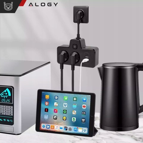 Alogy Rozgałęźnik 2X Eu, 2X Usb-A, 2X Usb-C, Led Lampka, Czarny, 230V